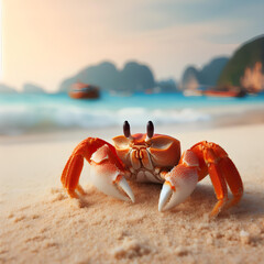 crab on tropical beach on blurred tropical island background
