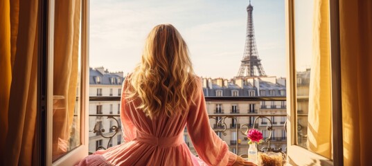 Girl smiling happily and drinking a cup of coffee on the balcony, Paris tower in the window, trip...