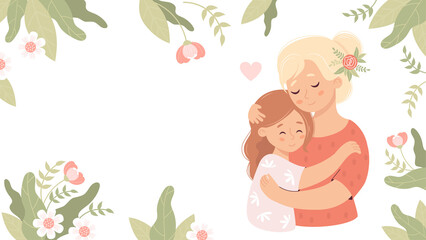 Cute woman hugs daughter on floral background