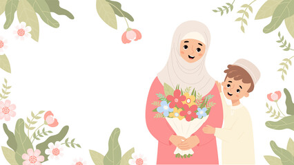 Happy muslim mother with son floral banner