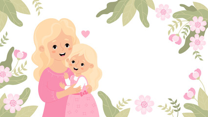 Cute blonde woman  hugs daughter floral poster