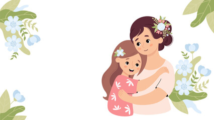Cute woman hugs daughter on background with flowers