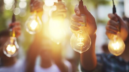 Multiple hands hold glowing light bulbs against a backdrop of natural sunlight, symbolizing innovation, teamwork, and a collective drive towards bright ideas - obrazy, fototapety, plakaty