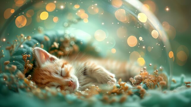  A kitten on a bed with a green blanket, wearing a crown of gold flakes