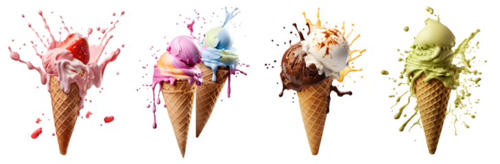 Set of Ice cream scoop on waffle cone flying splash explosion with sprinkles cream topping frosting on transparent background cutout, PNG file. Many assorted different. Mockup template for artwork