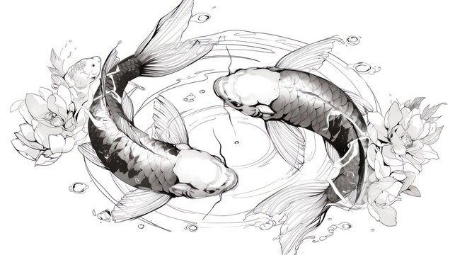 2 Koi Carp fishes swimming in a circle in a crystal clear pond. Japanese style. Tattoo color Sketch