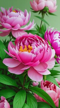 Pink Peonies closeup on blurred green background. Vertical video