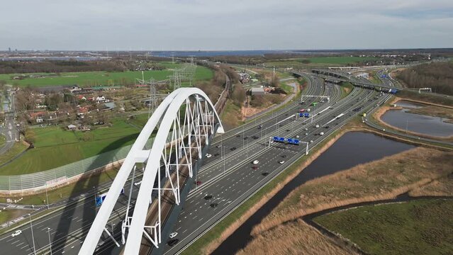 Highway Perspectives: Aerial View of A1 Highway with Zandhazenbrug (Railway Bridge) in the Netherlands