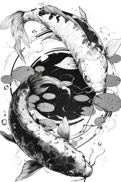 2 Koi Carp fishes swimming in a circle in a crystal clear pond. Japanese style. Tattoo color Sketch