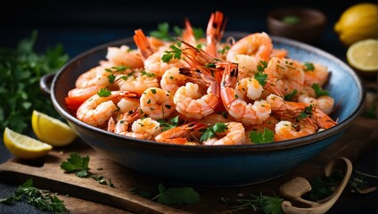 A gourmet seafood dish of prawns garnished with fresh herbs, lemon, and spices in a rustic setting