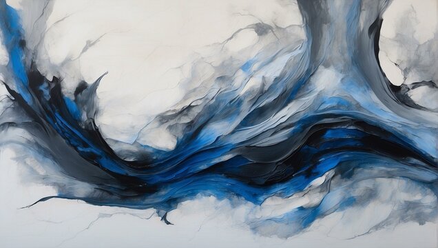 A captivating abstract painting featuring swirling blue and black patterns evoking a sense of movement and depth