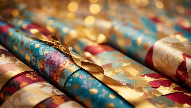 Festive-themed image with luxurious gold accented wrapping paper crafted into ornate crackers, conveying celebration