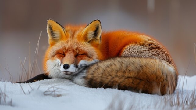  A red fox sleeps in the snow with its head on the back of its paws
