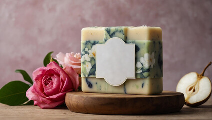 Exquisitely designed soap bar with pressed flowers, paired with a blooming rose and a wooden dish, constructing a narrative of natural elegance and self-care