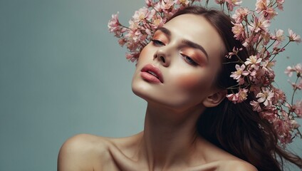 An elegant woman with makeup, neck tilted, surrounded by cherry blossoms