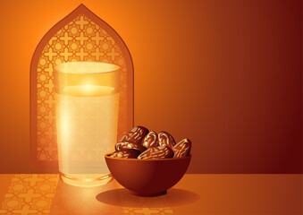 Vector illustration of a bowl of dates and a glass of water against the backdrop of a window, tradition of breaking fast during Ramadan and traditional Islamic hospitality