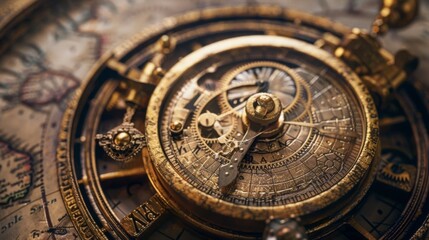 Obraz na płótnie Canvas A vintage brass astrolabe, its intricate dials and gears calibrated to navigate the vast expanse of the celestial heavens with pinpoint accuracy.