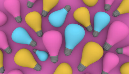 a lot of light bulbs multicolored blue pink yellow on a pink background soft shadows 3 d render