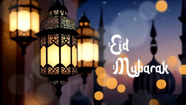 video greeting eid mubarak celebration, Ramadan Lantern lamp on mosque Background
