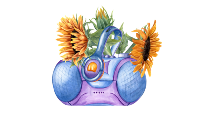 Sunflowers, headphones, tape recorder. Floral composition with audio accessories. Boombox player, earphones. Earpiece for listening to music. Music sound audio. Watercolor illustration