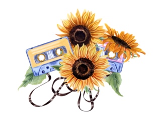 Sunflowers and audio Cassettes with tape. Flower head, leaves. Magnetic tapes. Vintage multicolored compact Cassettes. Music, sound, playlist, audio equipment. Watercolor illustration