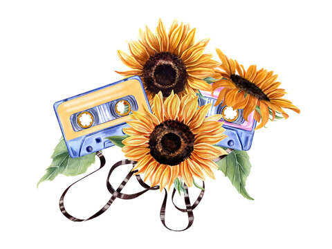 Sunflowers and audio Cassettes with tape. Flower head, leaves. Magnetic tapes. Vintage multicolored compact Cassettes. Music, sound, playlist, audio equipment. Watercolor illustration - Powered by Adobe