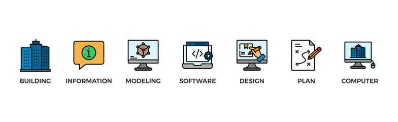 BIM banner web icon vector illustration concept for building information modeling with icon of building, information, modeling, software, design, plan, and computer