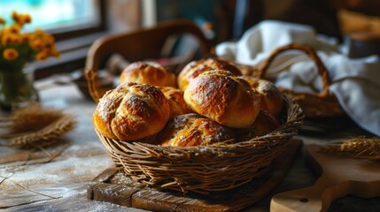A basket full of fresh baked bread sits on a wooden table. - Powered by Adobe