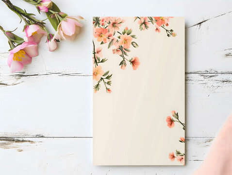 White greeting card with flowers mock up high angle view directly above decoration. Neural network generated image. Not based on any actual scene or pattern.