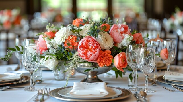Elegant Table Set for Formal Dinner With Flowers and Place Settings