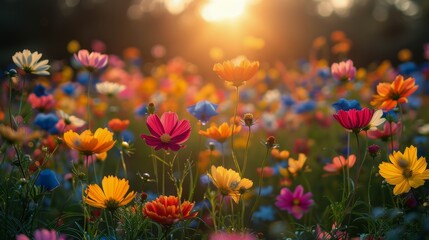 Obraz na płótnie Canvas Vibrant Field of Colorful Flowers With Sun Background
