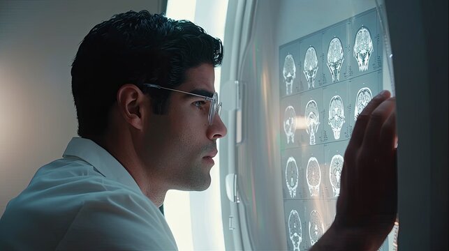 A physician examines MRI images of a patient's brain. Instrumental diagnosis of diseases of the nervous system organs. An experienced specialist at work. Illustration for cover, brochure, advertising.