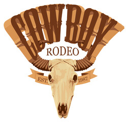Vector emblem for a Cowboy Rodeo show. Decorative illustration with skull of bull and lettering in retro style. Suitable for banner, logo, icon, invitation, flyer, label, tattoo, t-shirt design - 762654262