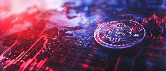 Bitcoin crypto currency gold coins logo as digital cryptocurrency symbol stock financial exchange business market trade. Btc blockchain future payments, investment technology background.