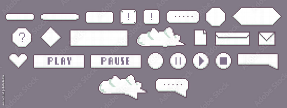 Poster pixel art speech boxes, dialogue boxes assets for retro games, speech bubbles messages and quote fra