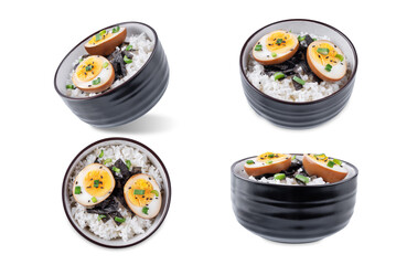 Tamago soy sauce eggs with rice and nori on a white isolated background