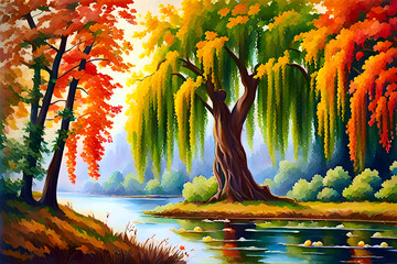 beautiful landscape watercolor painting of majestic weeping willow trees on a riverbank a bright autumn day