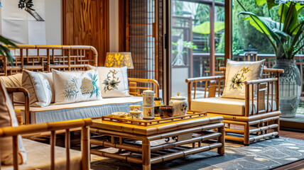 hotel lounge concept, Chinese-style space with bamboo furniture, floral motifs and traditional...