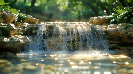  A focused image of a miniature cascade within a water expanse, encircled by stones and vegetation - obrazy, fototapety, plakaty