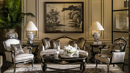 Contemporary living room with Chinese style accents such as porcelain figurines, painted panels and silk draperies, a combination of modern and chinoiserie style