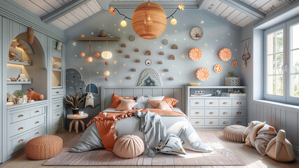 Soft-hued kids' retreat: Calm tones, tranquil feel, conducive to relaxation - obrazy, fototapety, plakaty