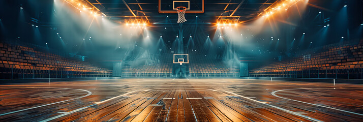 Competitive Arena Awaiting the Echo of Triumph, Spotlight on an Empty Basketball Court - obrazy, fototapety, plakaty