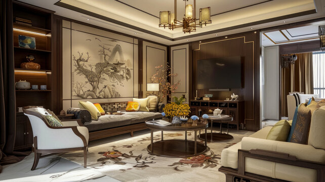 Design of a modern living room using motifs and stylistic techniques of traditional Chinese art in European architecture, the concept of a combination of Art Nouveau and Chinoiserie style.