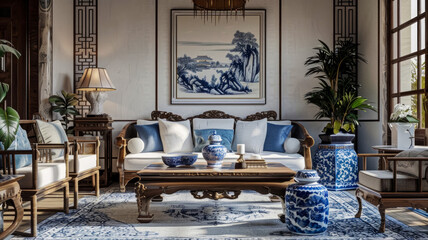The serene atmosphere of a Chinese-style living room with a harmonious combination of blue and white ceramics, carved wooden furniture and silk lanterns, a mixture of Art Nouveau and Chinoiserie style