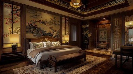 A serene bedroom combining Chinoiserie and Art Nouveau design elements, arranged according to Feng Shui principles for optimal energy flow