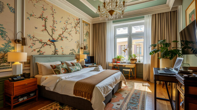 Bedroom interior in a modern hotel combining Chinoiserie and Art Nouveau design elements, concept for a modern old building restoration project