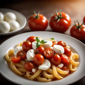 Plato de pasta con mozzarella y tomatitos