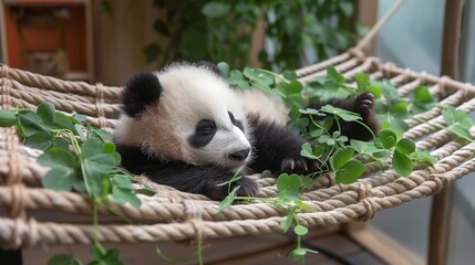  A panda bear reclines in a hammock, surrounded by emerald foliage beneath