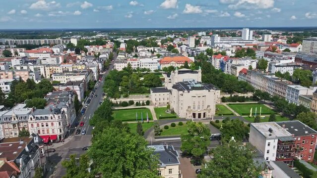Aerial drone view of Cottbus State Theatre ( Staatstheater ) in Cottbus , Germany