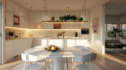 Modern kitchen, interior design, minimalistic scandinavian look. Natural wooden and white materials. Minimalistic sunny photo